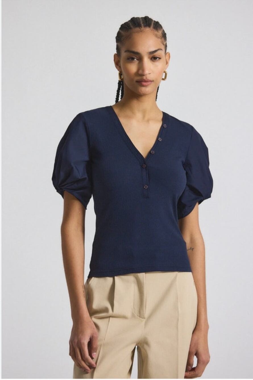 Derek Lam 10 Crosby Fallen Mixed Media Navy Puff Sleeve Top Womens Large